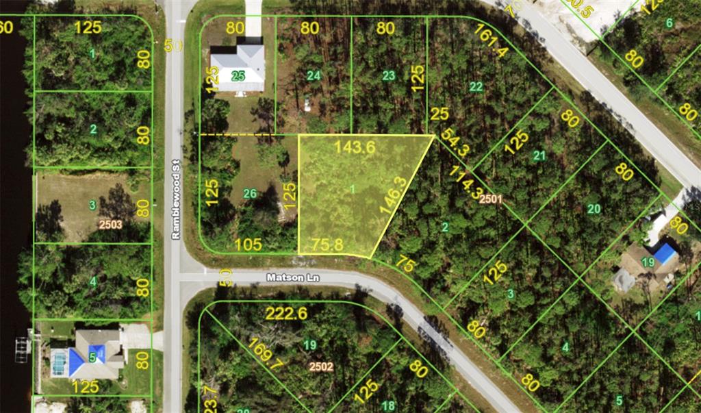 This is a map showing a highlighted vacant lot within a residential subdivision — 306 MATSON LANE, PORT CHARLOTTE, FL