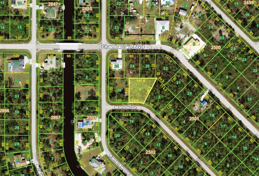 This is a map showing a highlighted vacant lot in a residential neighborhood — 306 MATSON LANE, PORT CHARLOTTE, FL