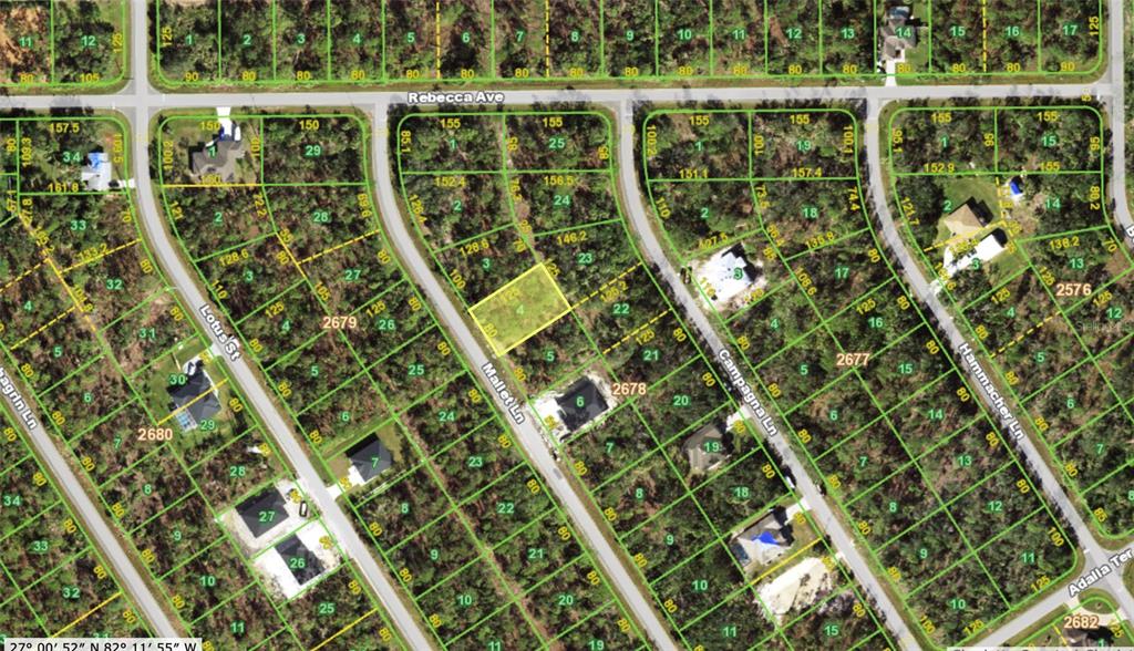 This is an aerial map showing residential lots and streets in a wooded neighborhood — 1170 MALLET LANE, PORT CHARLOTTE, FL