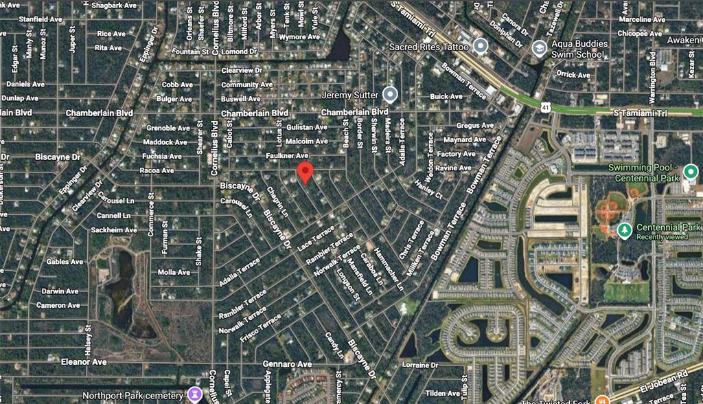 This is a map showing residential streets and a park in North Port, Florida — 1170 MALLET LANE, PORT CHARLOTTE, FL