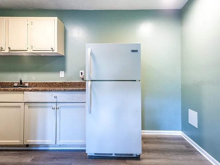 A kitchen features light green walls, white cabinets, a white refrigerator, and wood-look flooring — 409 NE 11TH STREET, GAINESVILLE, FL