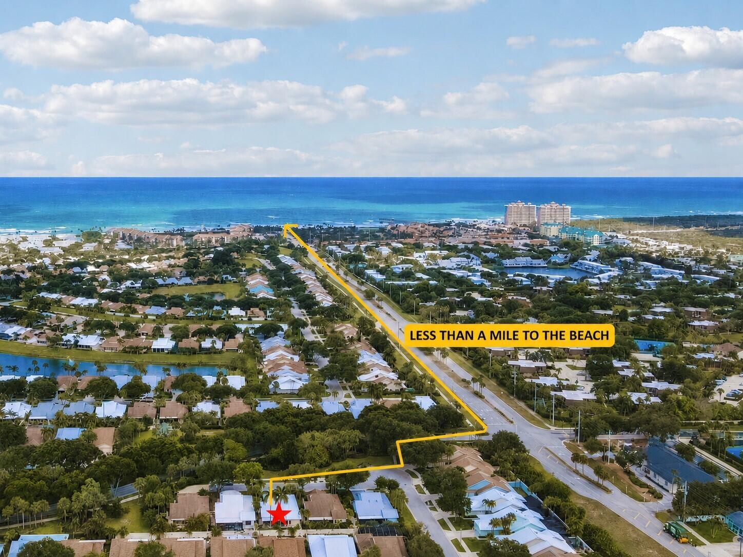 An aerial view shows a residential neighborhood with a yellow line indicating beach proximity — 154 Sandbar Drive, Jupiter FL 33477, JUPITER, FL