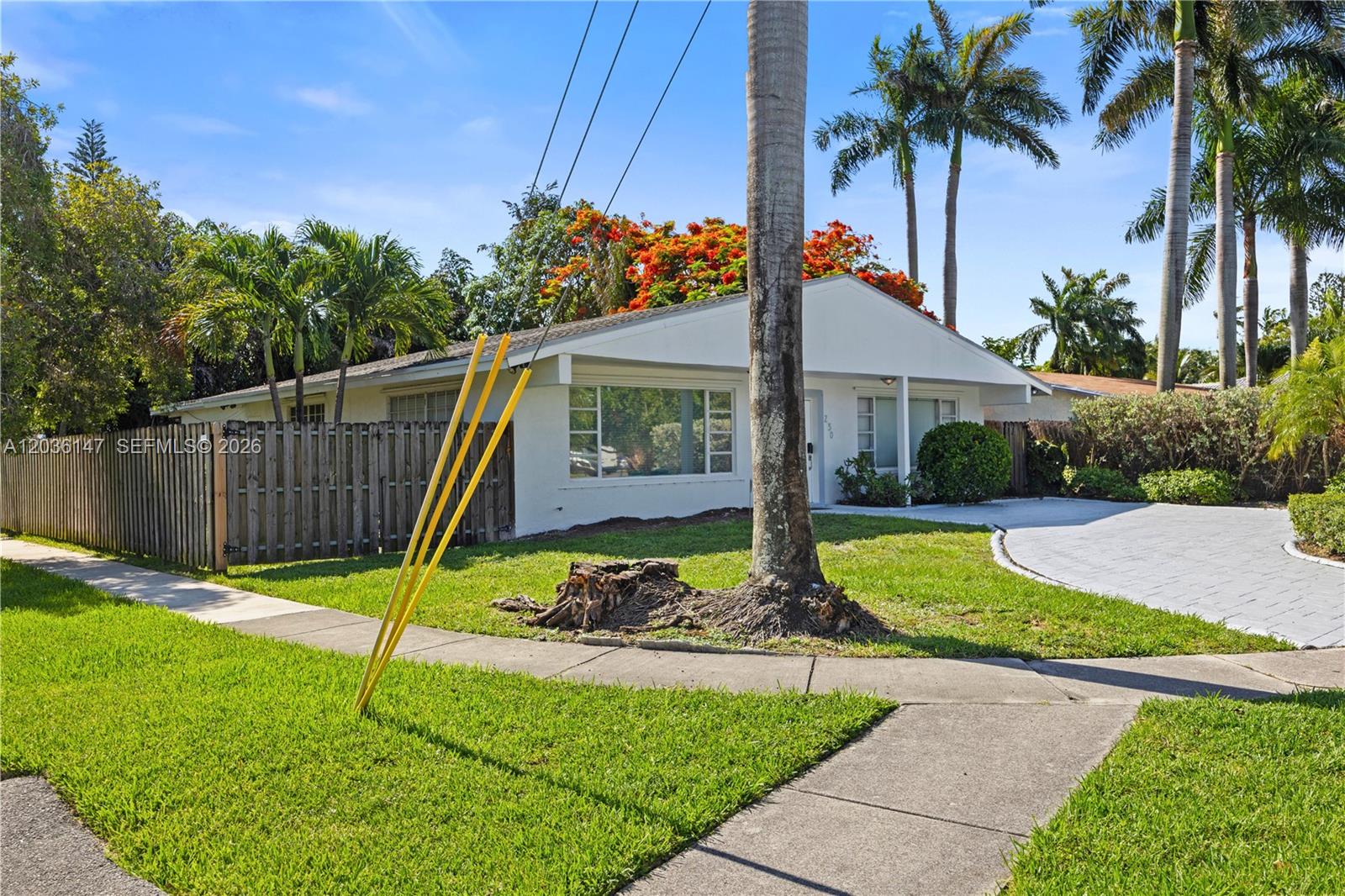 A single-story white house features a paved driveway, a wooden fence, and palm trees — 230 NE 5th Ave, Dania Beach FL 33004, DANIA BEACH, FL