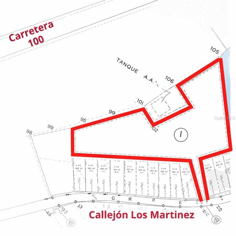This image is a land survey map showing property boundaries and lot divisions — SR 100 CAMINO LOS MARTINEZ, CABO ROJO, PR
