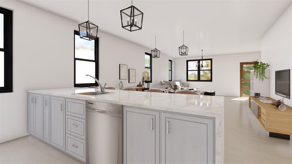 This rendering shows a modern kitchen and dining area with light wood floors and furniture — 1926 FAIRFIELD AVENUE S, ST PETERSBURG, FL