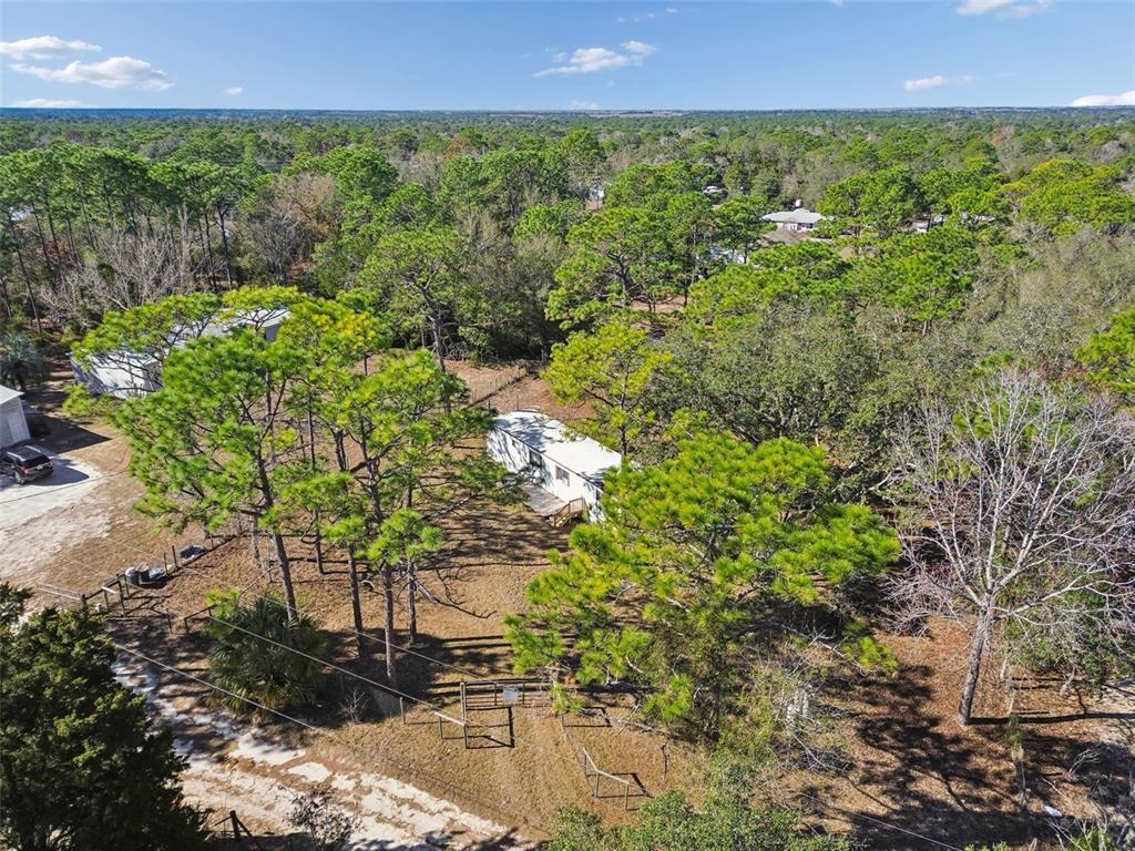 An aerial view shows a mobile home situated on a wooded lot with a dirt driveway — 5464 S WILSON POINT, HOMOSASSA, FL