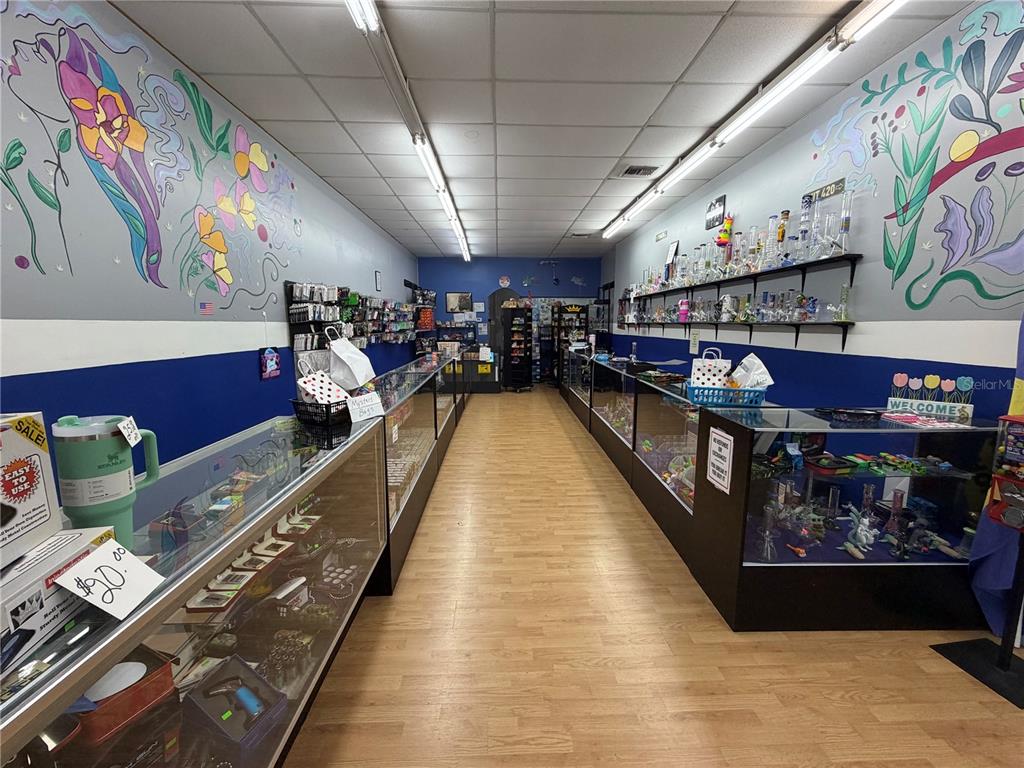 A retail shop interior features glass display cases, wood-look flooring, and mural-painted walls — 11582 N WILLIAMS STREET, DUNNELLON, FL