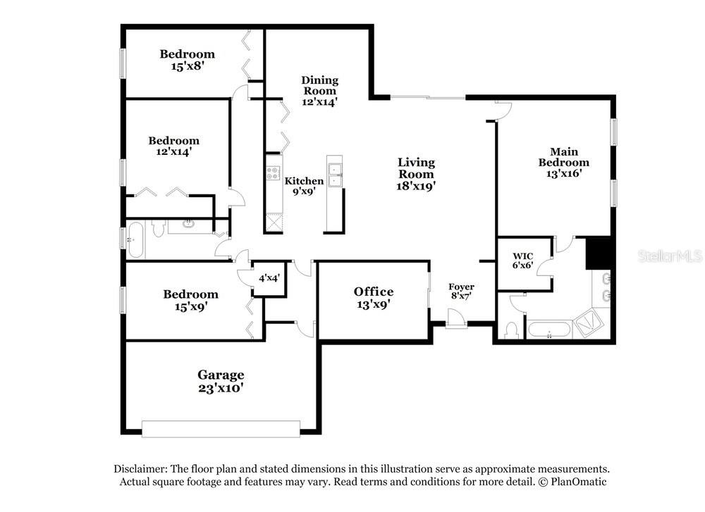 This is a floor plan showing a house with a garage, four bedrooms, and an office — 426 DISSTON AVENUE, CLERMONT, FL