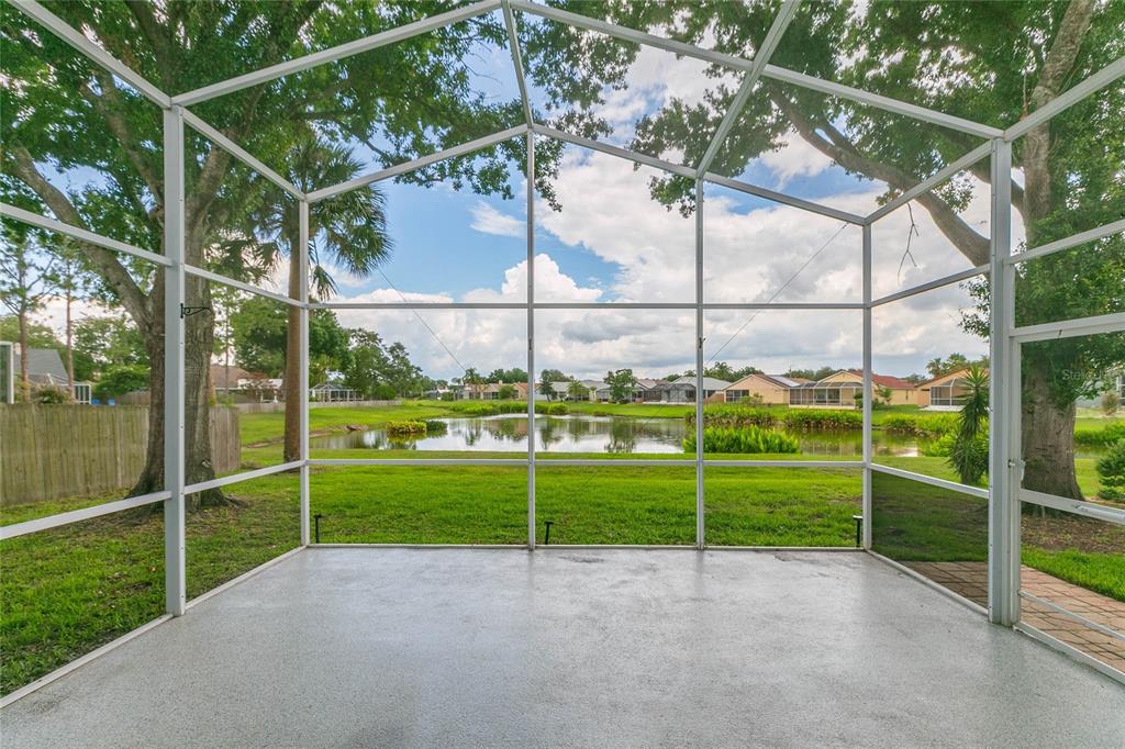 A screened-in patio overlooks a grassy lawn, a small pond, and residential houses — 11520 WELLMAN DRIVE, RIVERVIEW, FL