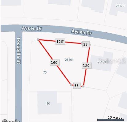 This is a map showing the property boundary lines and dimensions of a residential lot — 25161 AYSEN DRIVE, PUNTA GORDA, FL