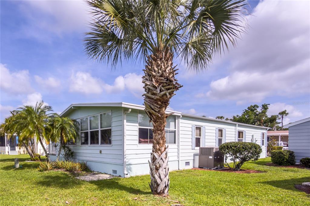 A light blue mobile home with a palm tree in the front yard — 117 HERON COURT, ELLENTON, FL
