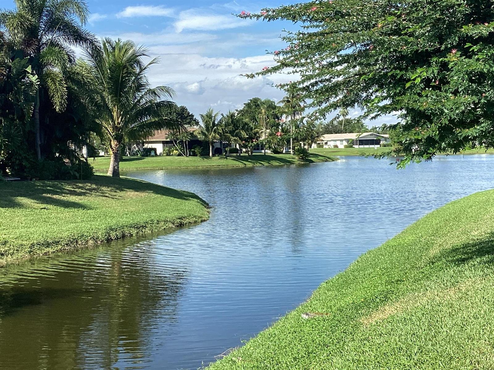 A grassy bank leads to a calm canal with palm trees and houses in the background — 13861 Packard Terrace, Delray Beach FL 33484, DELRAY BEACH, FL