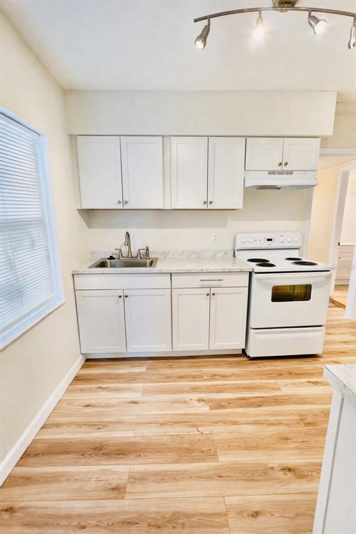 A kitchen features white cabinets, a stainless steel sink, a white stove, and wood-look flooring — 2507 ARMENIA, TAMPA, FL
