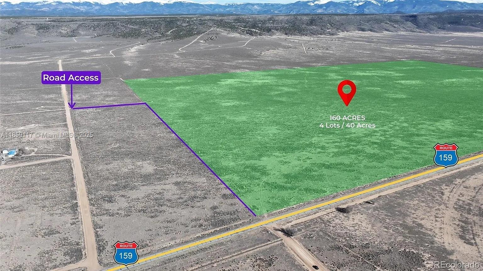 An aerial view shows a large, green-highlighted plot of land adjacent to Route 159 — 333 W Valley Drive, CO 81152, CO