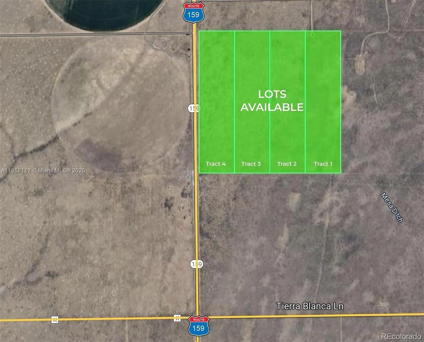 This is an aerial map showing four highlighted tracts of land located along Route 159 — 333 W Valley Drive, CO 81152, CO