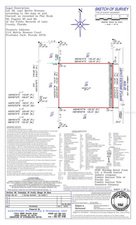 This is a survey map showing the property boundaries and dimensions for a vacant lot — 1114 MYRTLE BREEZES COURT, FRUITLAND PARK, FL