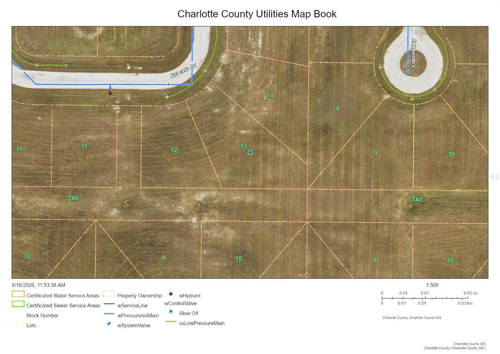This is a utility map showing property lots, street names, and water infrastructure in Charlotte County — 25 AVOCADO DRIVE, PLACIDA, FL