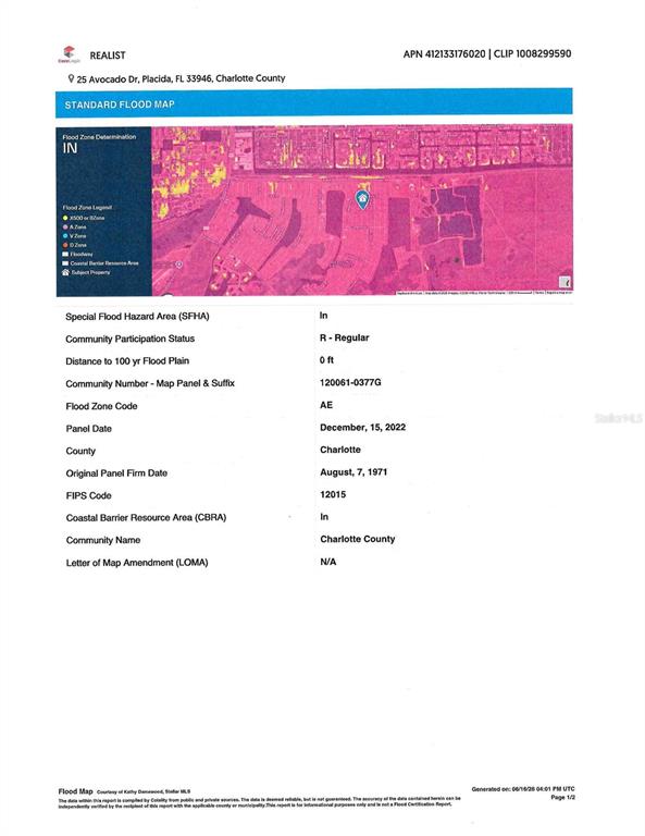 This is a flood map document for a property in Charlotte County, Florida — 25 AVOCADO DRIVE, PLACIDA, FL