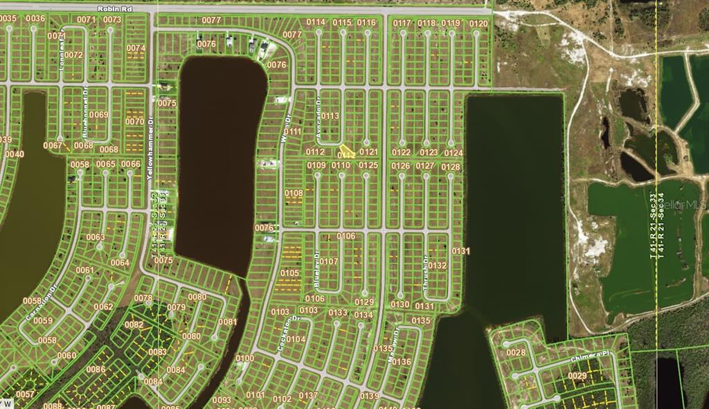 This is a satellite map showing a residential subdivision with platted lots and lakes — 25 AVOCADO DRIVE, PLACIDA, FL