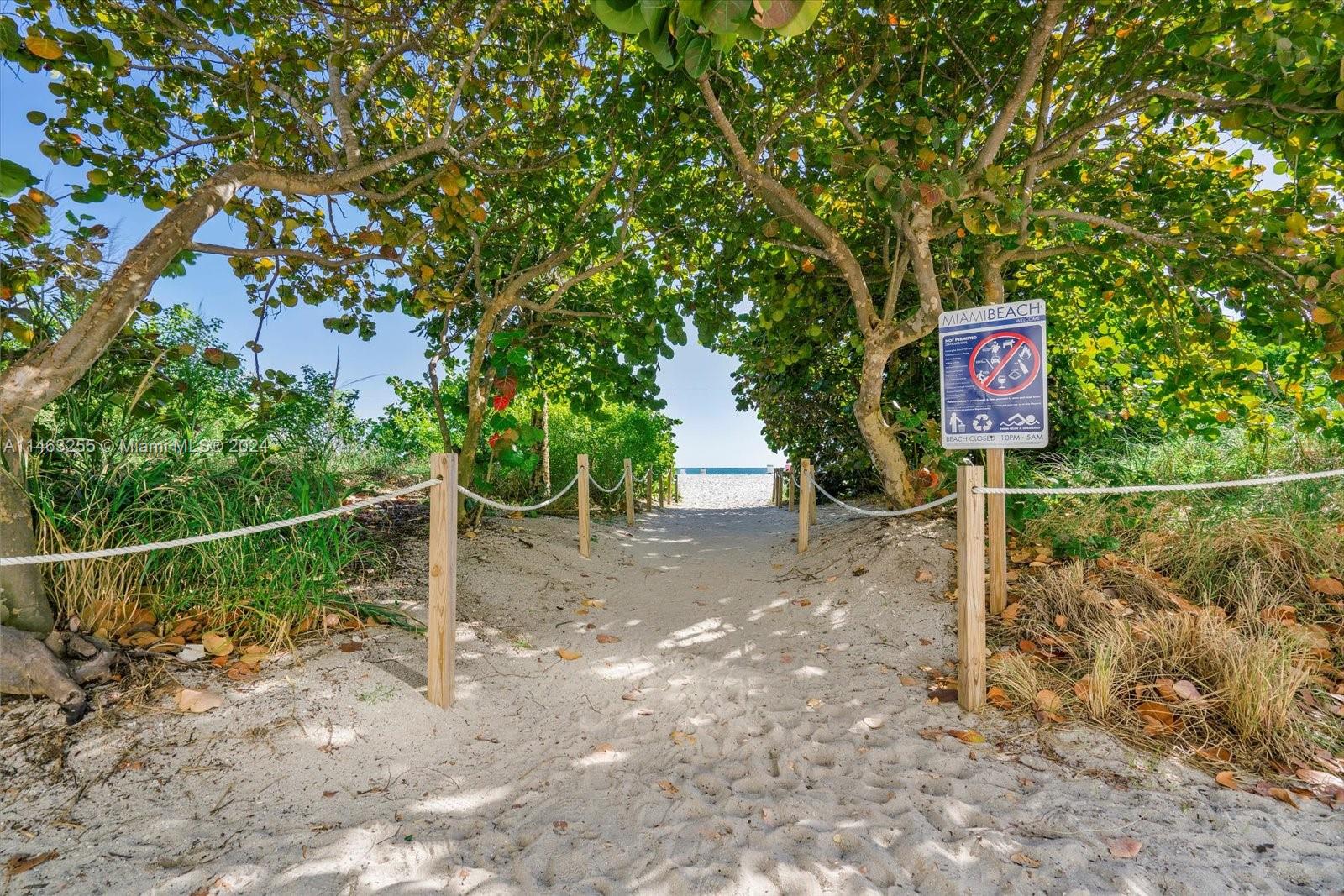 A sandy path leads through trees toward the beach, marked by a Miami Beach sign — 5601 Collins Ave # 1514, Miami Beach FL 33140, MIAMI BEACH, FL