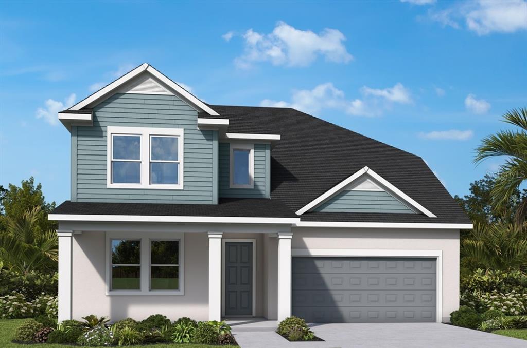 A digital rendering of a two-story house with blue siding, a garage, and a porch — 5117 SEA BRANCH AVENUE, APOLLO BEACH, FL