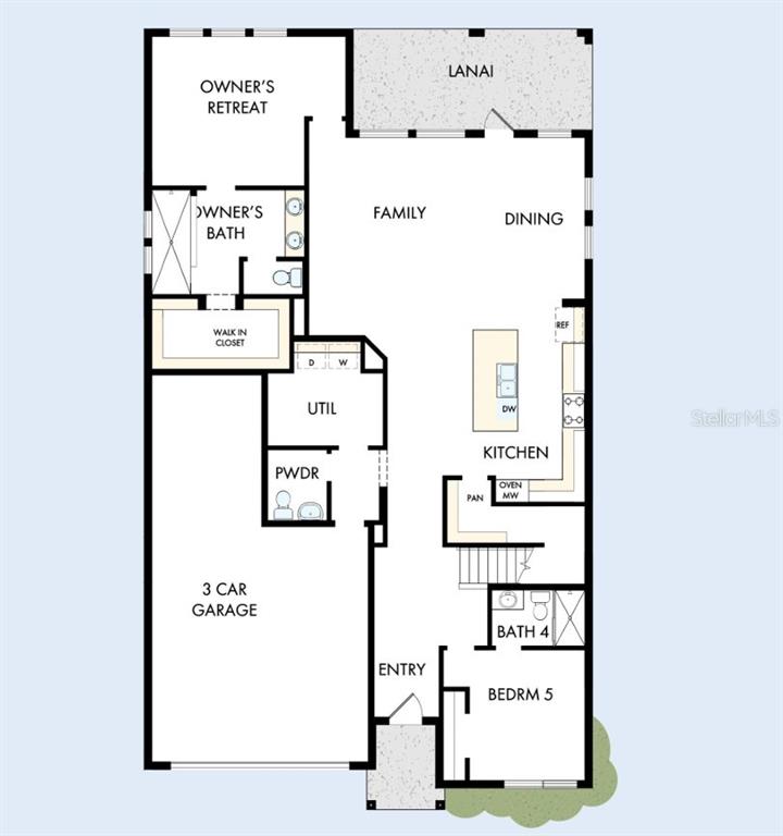 This is a floor plan of a single-story home featuring a three-car garage and lanai — 5117 SEA BRANCH AVENUE, APOLLO BEACH, FL