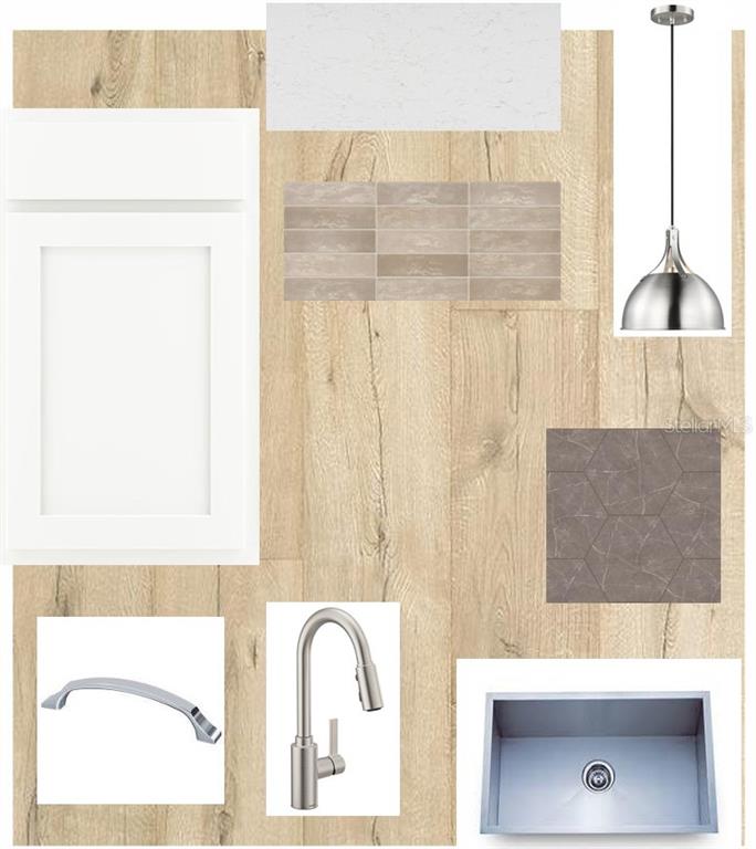 This design board displays kitchen finish samples including cabinetry, flooring, hardware, fixtures, and tile — 5117 SEA BRANCH AVENUE, APOLLO BEACH, FL