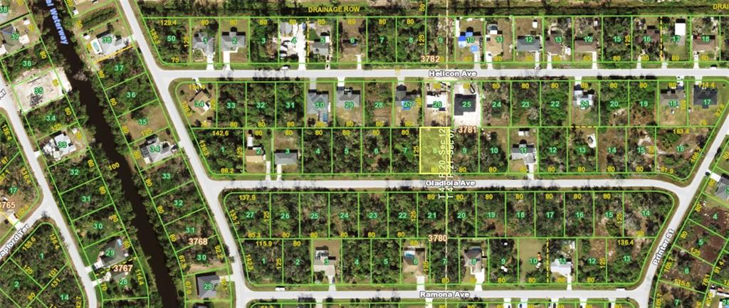 This is an aerial map showing residential lots and streets in a suburban neighborhood — 11996 GLADIOLA AVENUE, PORT CHARLOTTE, FL
