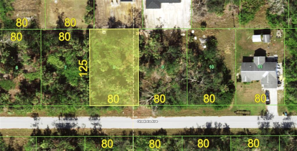 This is an aerial map showing a highlighted rectangular plot of land along a road — 11996 GLADIOLA AVENUE, PORT CHARLOTTE, FL