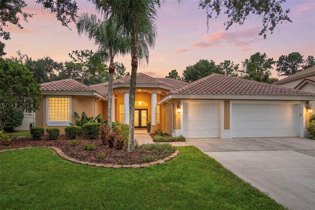 A single-story house with a tile roof, two-car garage, and a palm tree-lined front yard — 18115 REGENTS SQUARE DRIVE, TAMPA, FL