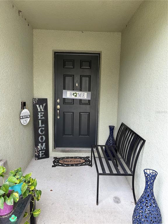 A covered entryway features a black front door, a metal bench, and decorative decor — 14217 ALISTAR MANOR DRIVE, WIMAUMA, FL