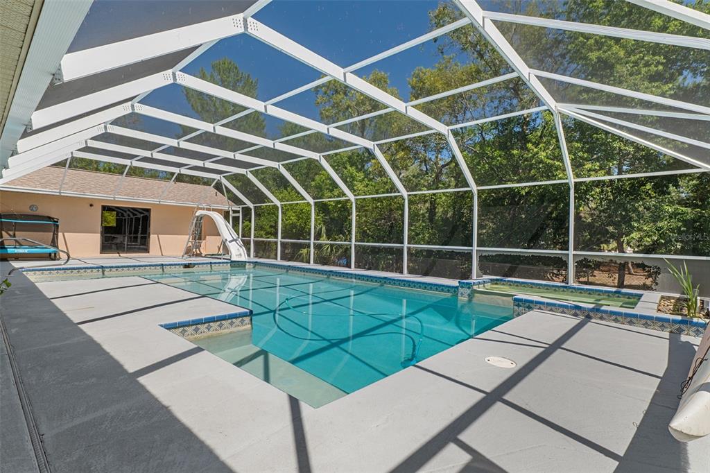 A screened-in swimming pool and spa with a slide on a concrete patio — 8959 NAKOMA WAY, WEEKI WACHEE, FL