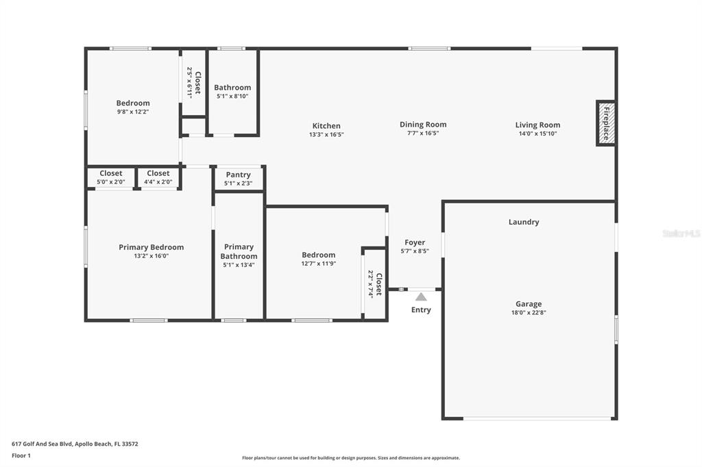 This is a floor plan showing the layout of a house with three bedrooms and garage — 617 GOLF AND SEA BOULEVARD, APOLLO BEACH, FL
