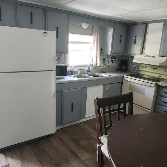 A kitchen features gray cabinets, a white refrigerator, a stainless steel sink, and wood-look flooring — 5820 OLIVE DRIVE, NEW PORT RICHEY, FL