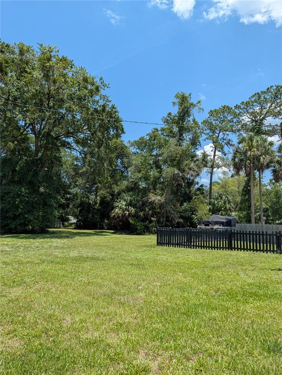 A large, grassy vacant lot features mature trees and a black picket fence — 55914 BAY ROAD, ASTOR, FL
