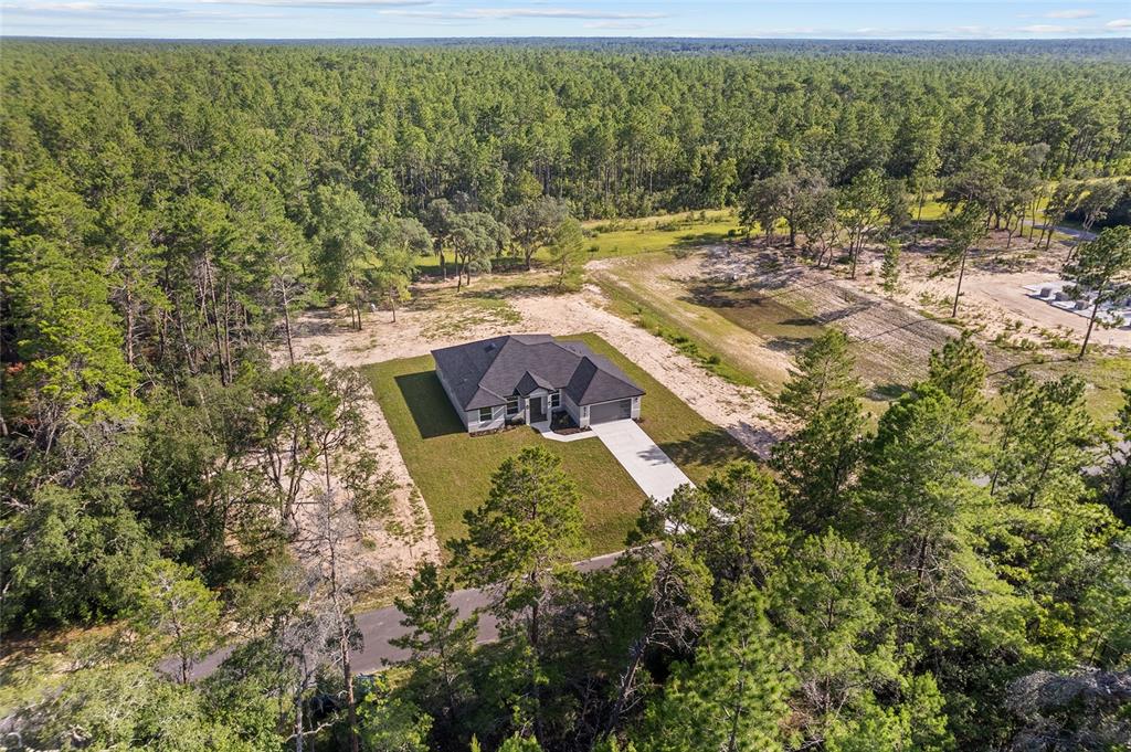 An aerial view shows a single-story house with a driveway surrounded by woods and grass — 4660 SW 179TH PLACE, OCALA, FL
