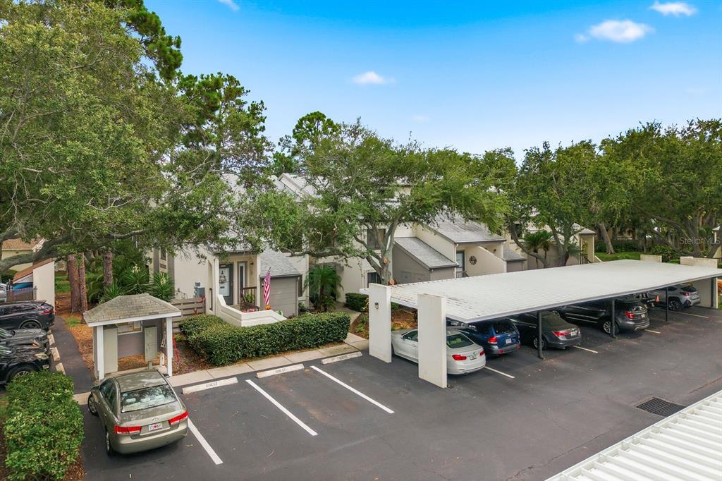 An exterior view of a multi-story townhouse complex with a covered parking area and trees — 11440 HARBOR WAY UNIT 5013, LARGO, FL