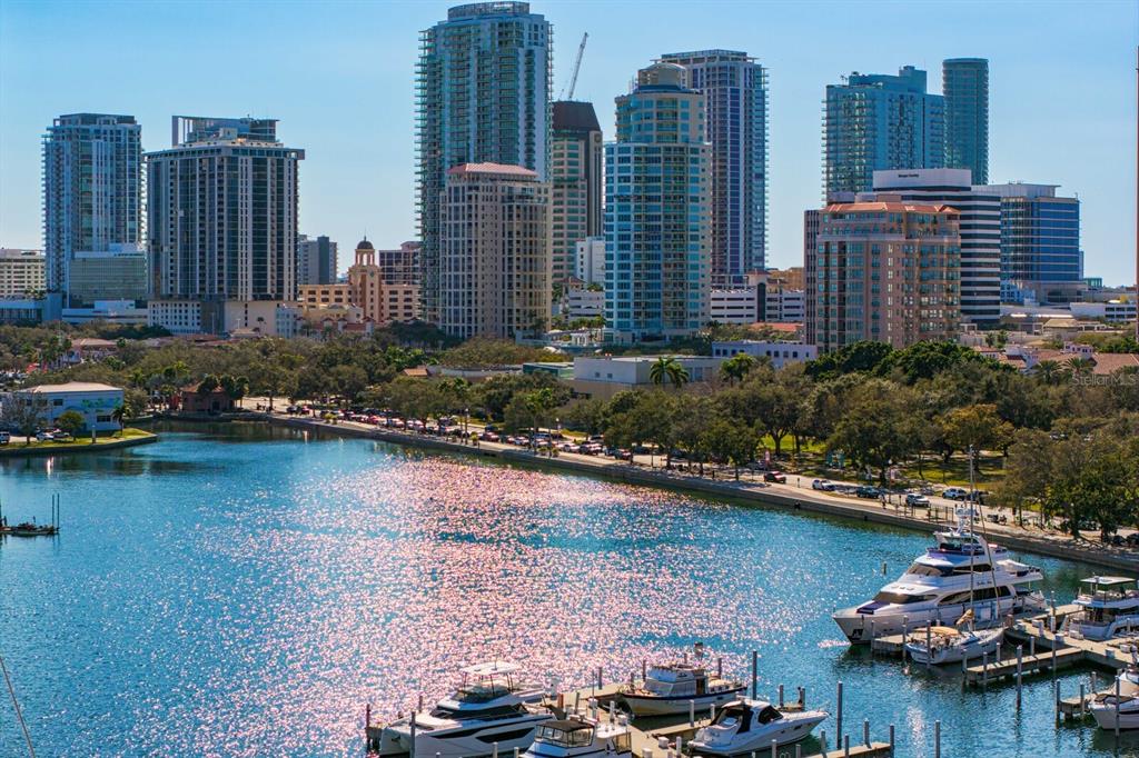 A view of a city skyline with high-rise buildings overlooking a marina and waterfront park — 555 5TH AVENUE NE UNIT PH1, ST PETERSBURG, FL