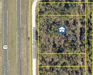 This is an aerial map view of a vacant, wooded lot along a paved road — 17496 NICASIO JAY AVENUE, WEEKI WACHEE, FL