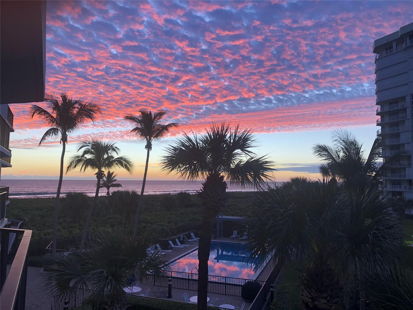 A balcony view overlooks a swimming pool, palm trees, and the ocean at sunset — 2800 N Highway A1a # 307, Fort Pierce FL 34949, FORT PIERCE, FL