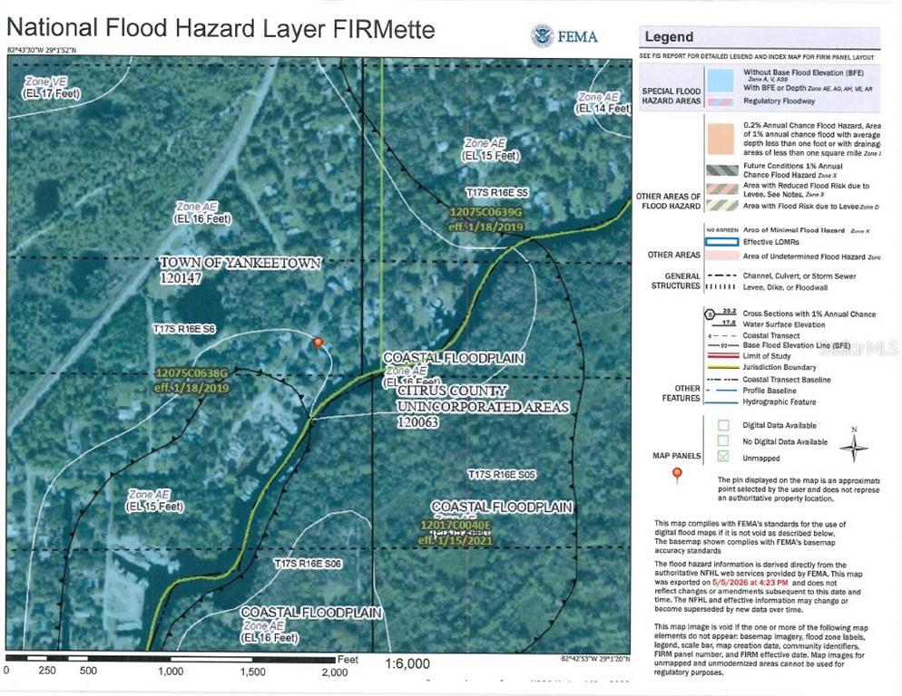 This is a FEMA National Flood Hazard Layer map showing flood zones for a property — 6601 RIVERSIDE DRIVE, YANKEETOWN, FL