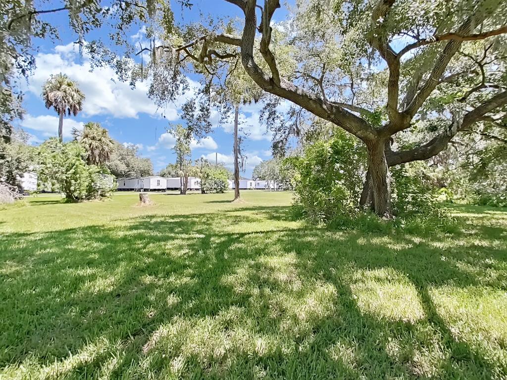 A grassy yard features large oak trees and several mobile homes in the background — 6330 EUGENE ACRES LANE, GIBSONTON, FL