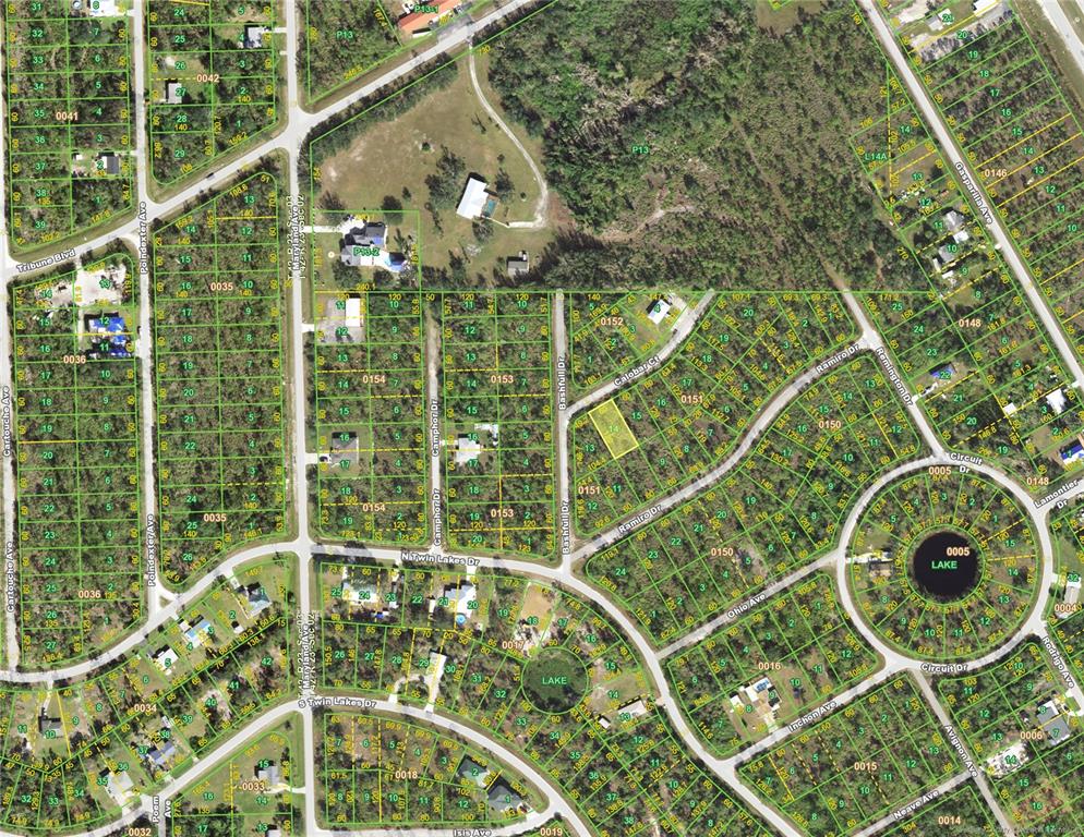 This is an aerial map showing residential lots, streets, and lakes in a suburban neighborhood — 28071 CALOBAR COURT, PUNTA GORDA, FL