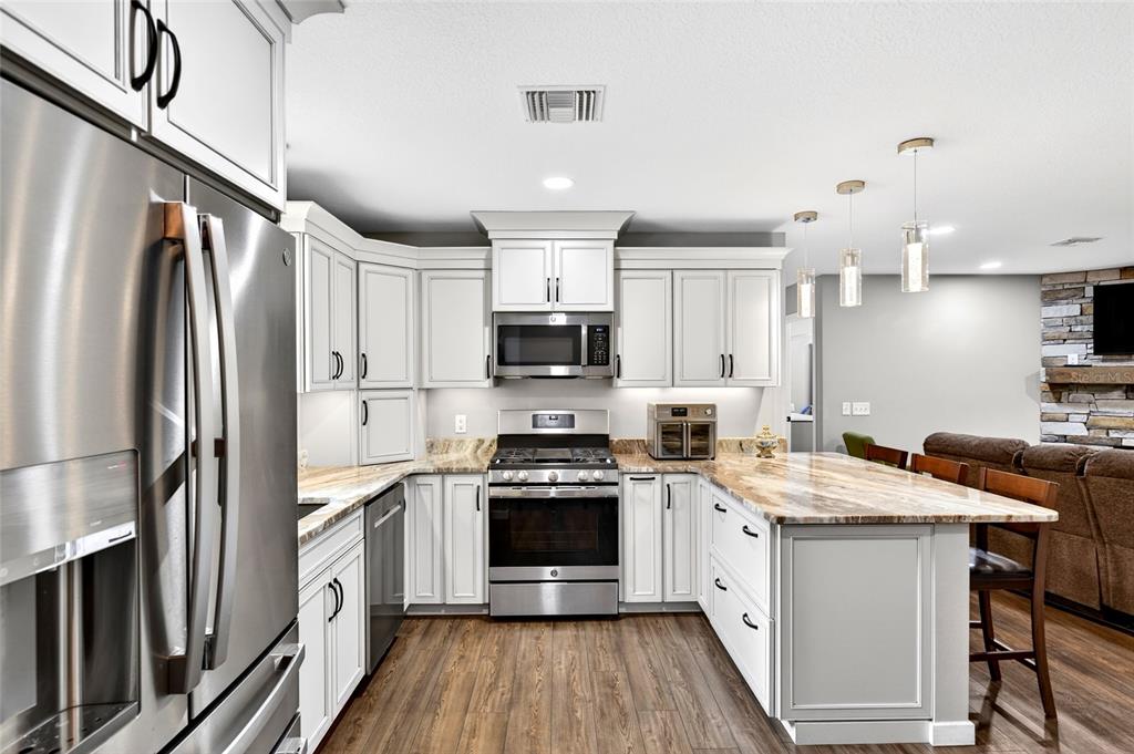 A modern kitchen features white cabinetry, stainless steel appliances, and a stone-topped island — 14271 NE 47TH AVENUE, ANTHONY, FL