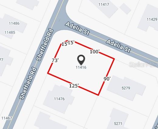 This is a map showing the property boundaries and dimensions of a corner lot — 11416 ADELIA STREET, SPRING HILL, FL