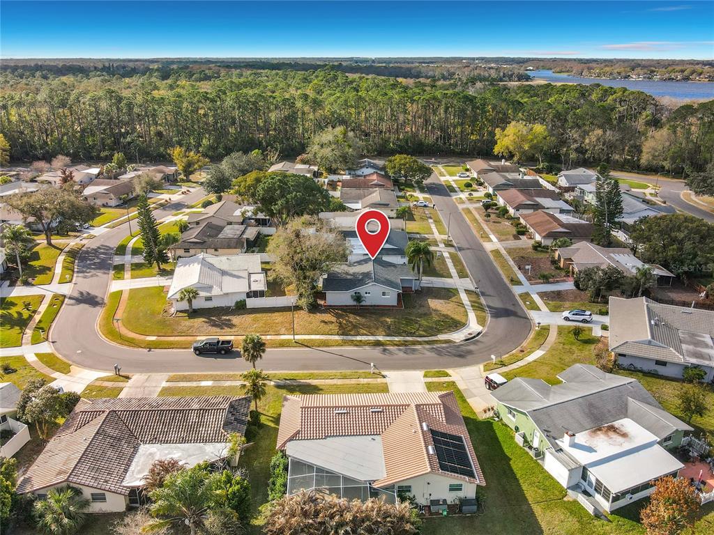 An aerial view shows a residential neighborhood with a red location pin over a house — 819 HELMSMAN WAY, PALM HARBOR, FL