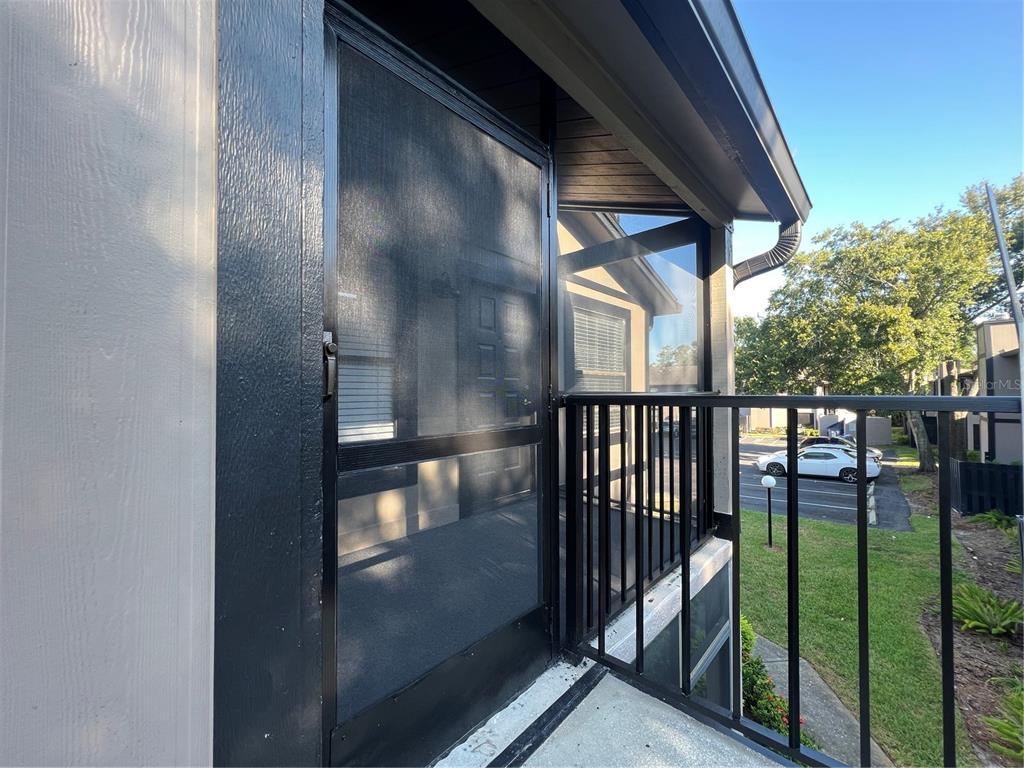 An exterior balcony features a black screen door, metal railing, and a view of a parking lot — 4025 ANGEL OAK COURT UNIT 203, TAMPA, FL