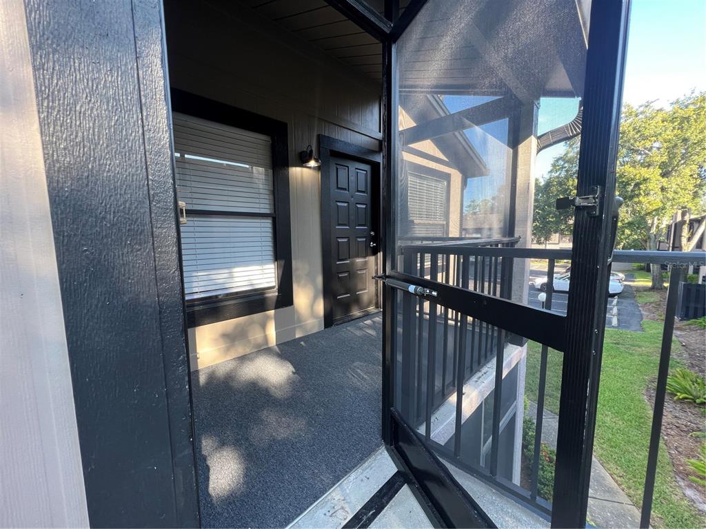 A screened-in balcony features a dark-painted door, a window with blinds, and gray carpeting — 4025 ANGEL OAK COURT UNIT 203, TAMPA, FL