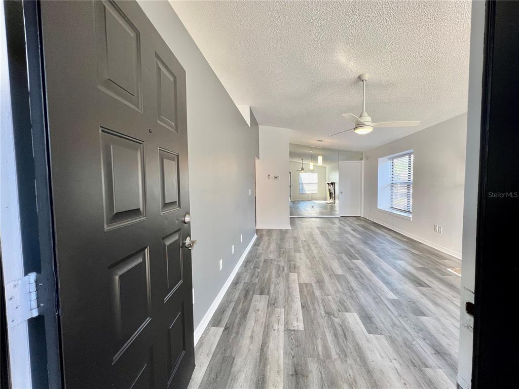 An entryway opens into a living room with gray walls, wood-look flooring, and a ceiling fan — 4025 ANGEL OAK COURT UNIT 203, TAMPA, FL
