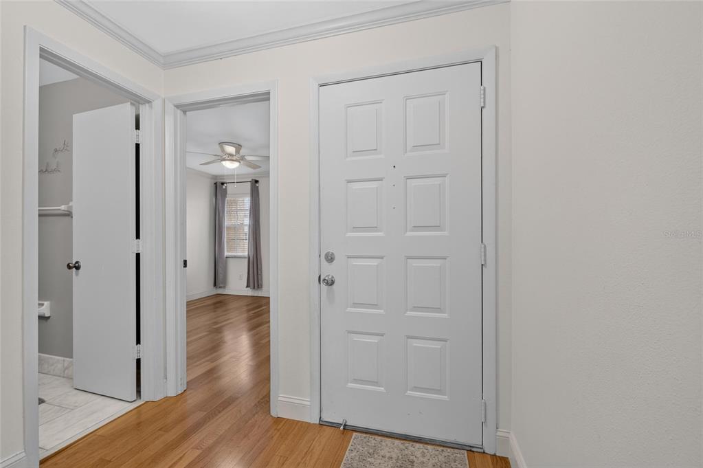 An interior view shows a white front door, hardwood flooring, and doorways to adjacent rooms — 3812 N OAK DRIVE UNIT M32, TAMPA, FL